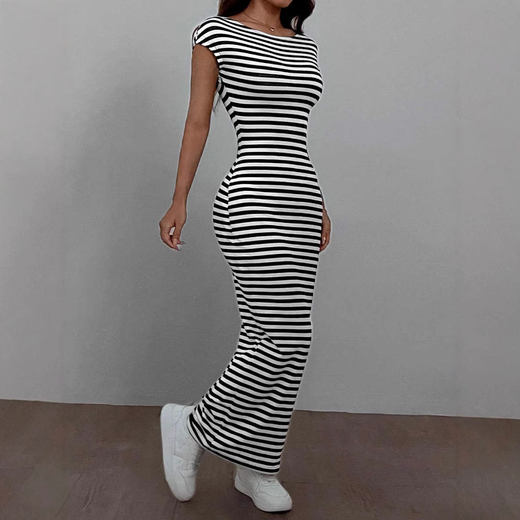 Damen Maxikleid mit offenem Rücken und Stripes EB