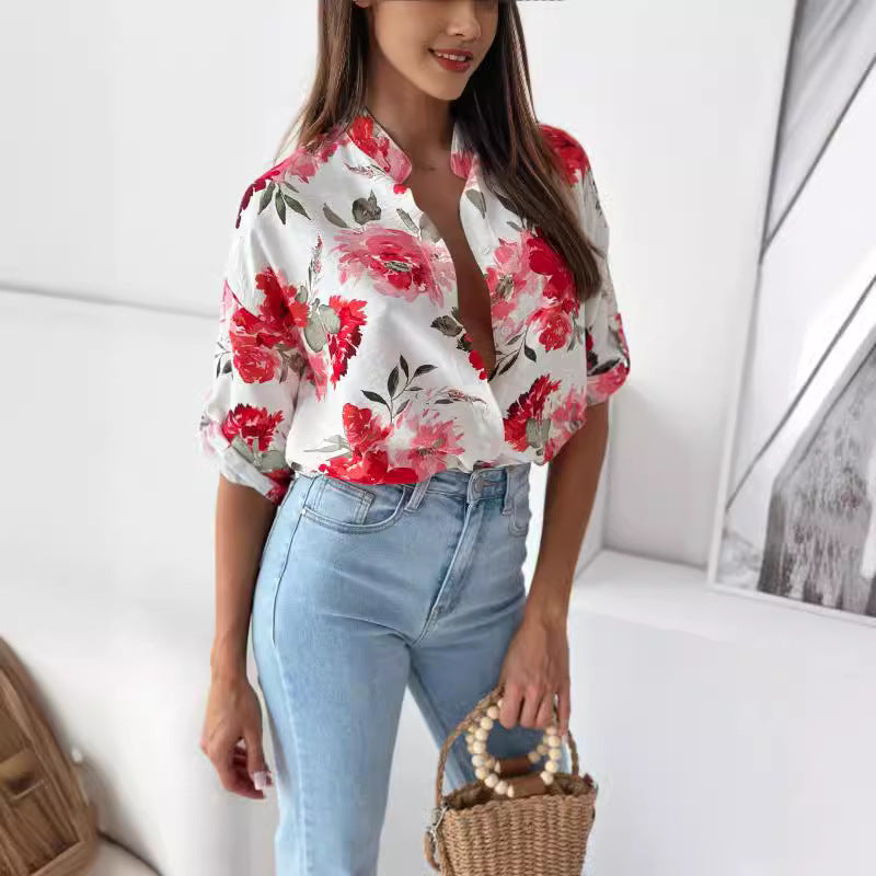 Damen blumige Oversize-Bluse mit kurzen Ärmeln EB
