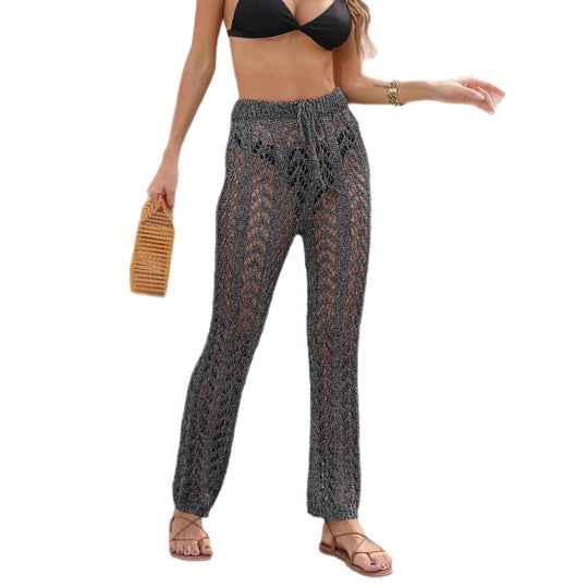 Damen Häkelstrandhose mit elegantem Lochmuster und verstellbarem Bund EB
