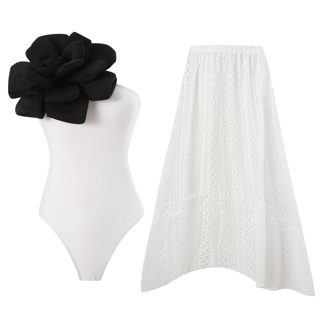 Damen Eleganter Badeanzug mit großem Blumen-Detail und transparentem Überrock EB