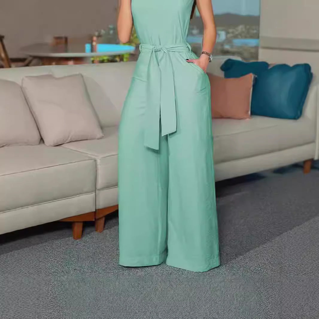 Damen Luftiger Jumpsuit mit Gürtel und Taschen EB