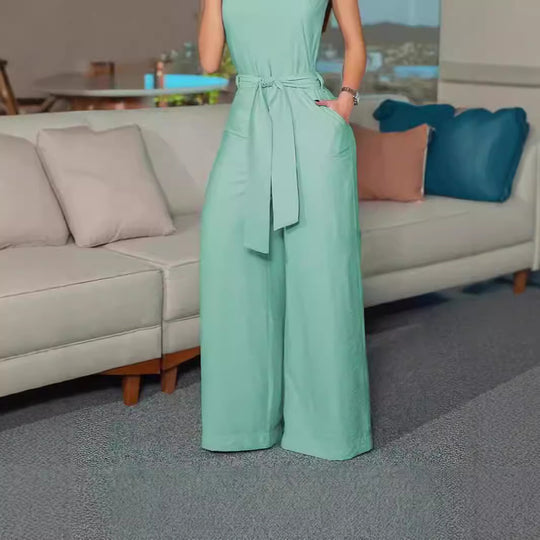 Damen Luftiger Jumpsuit mit Gürtel und Taschen EB