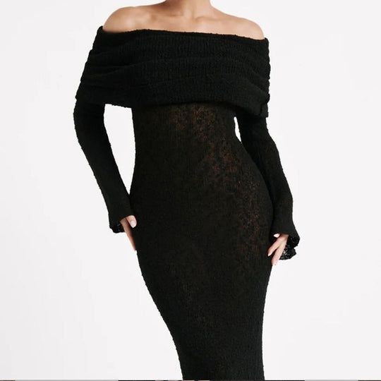 Damen Off-Shoulder Maxikleid mit langem Arm und elegantem Stoff EB