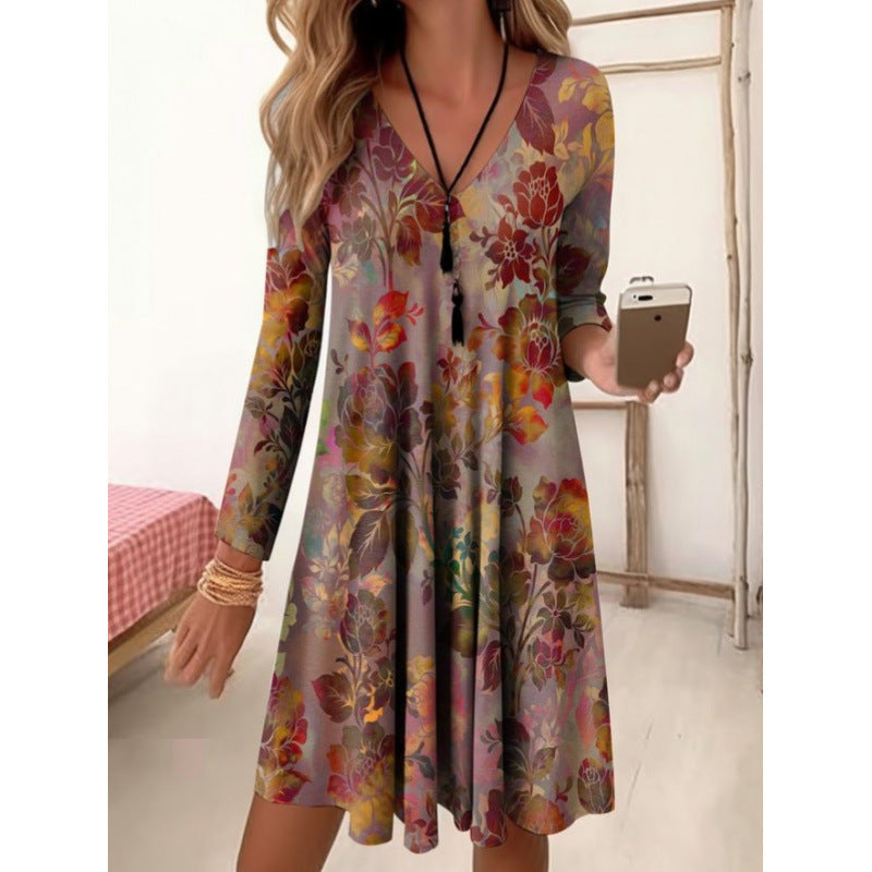 Damen V-Ausschnitt Freizeitkleid mit floraler Gestaltung und seitlichen Taschen EB