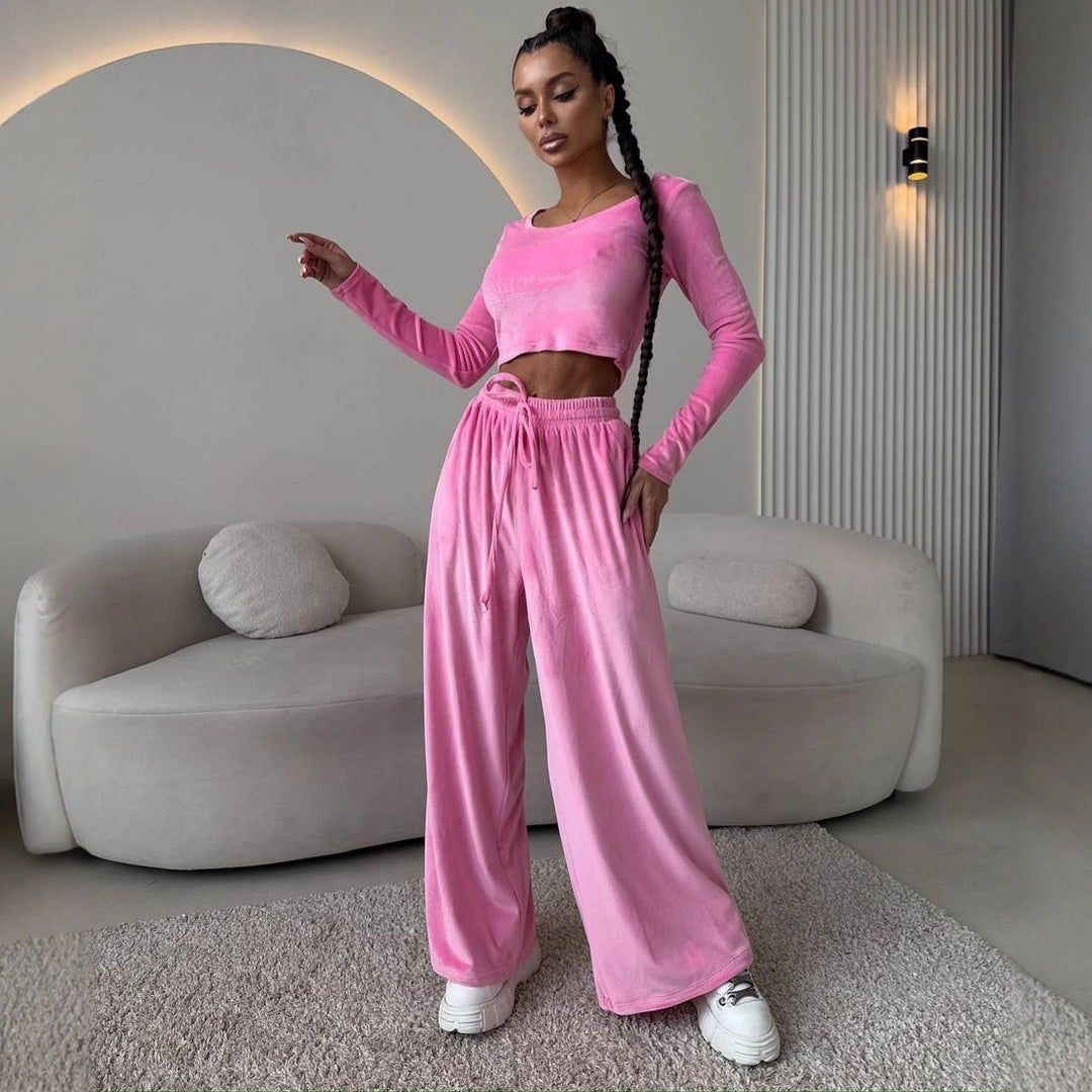 Damen Samt-Loungewear-Set mit Cropped-Langarmshirt und hoher Taillen-Palazzohose EB
