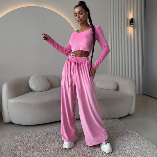 Damen Samt-Loungewear-Set mit Cropped-Langarmshirt und hoher Taillen-Palazzohose EB
