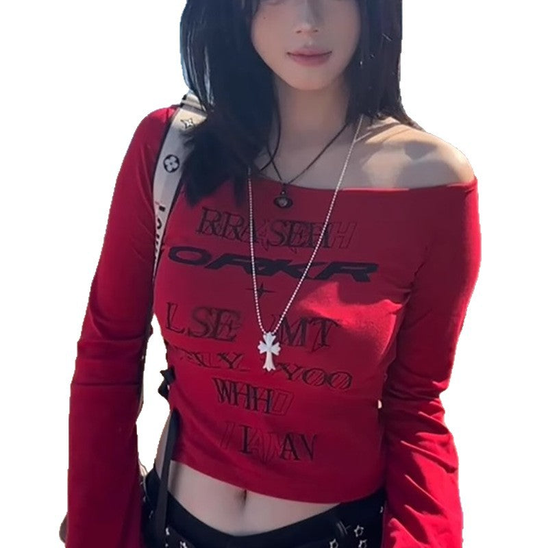 Damen figurbetontes Off-Shoulder Oberteil mit langen Ärmeln und modischem Schriftzug EB