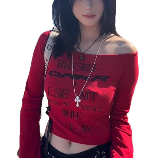 Damen figurbetontes Off-Shoulder Oberteil mit langen Ärmeln und modischem Schriftzug EB