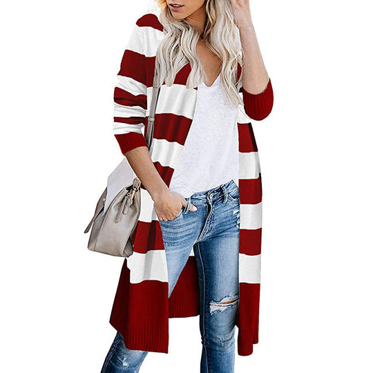 Damen Langer Strickcardigan mit gestreiftem Design EB