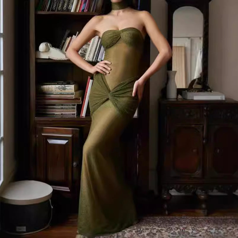 Damen Elegantes Maxikleid mit transparentem Oberteil und glamourösen Akzenten EB