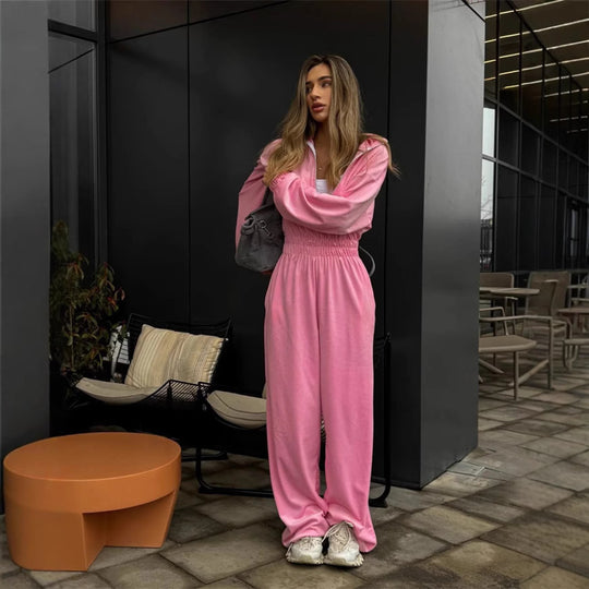 Damen Samt-Jumpsuit mit weitem Bein, elastischer Taillenpartie und Stehkragen EB