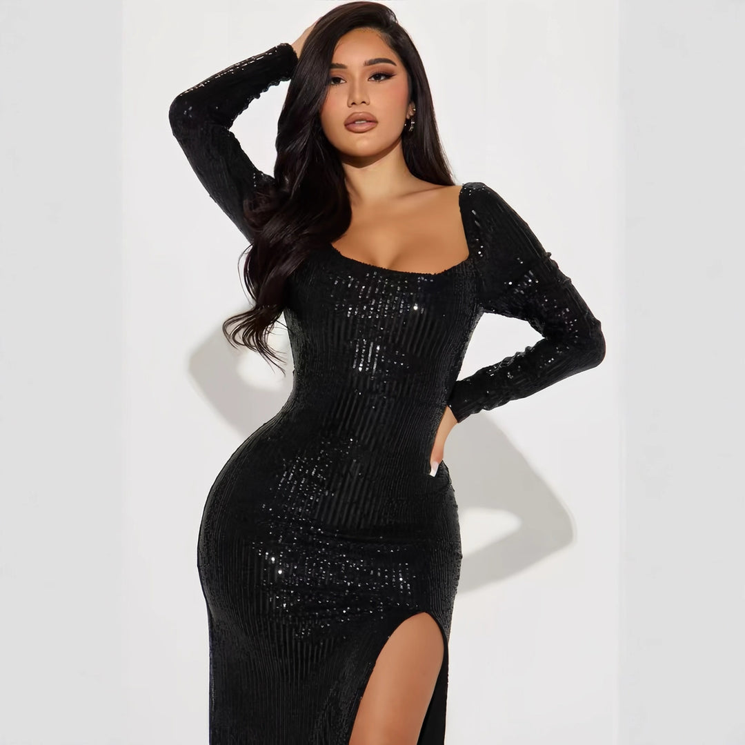 Damen Elegantes Pailletten Maxikleid mit tiefem Schlitz und figurbetontem Schnitt EB