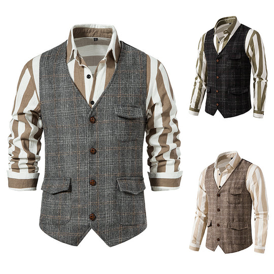 Herren nan kariertes Wollmix Gilet mit Brusttasche und aufgesetzten Seitentaschen EB