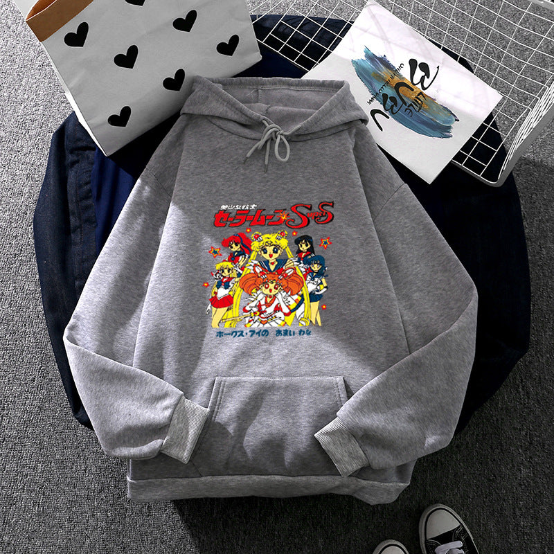 Damen nan Oversize-Kapuzenpullover mit gerautem Fleecefutter, Retro‑Anime‑Print und Kängurutasche EB