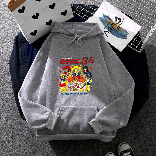 Damen nan Oversize-Kapuzenpullover mit gerautem Fleecefutter, Retro‑Anime‑Print und Kängurutasche EB