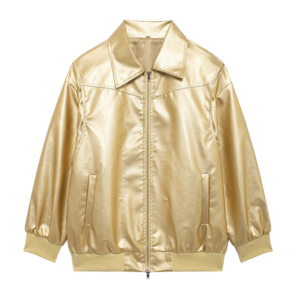 Damen Elegante Kunstlederjacke mit hochstehendem Kragen und elastischen Bündchen EB