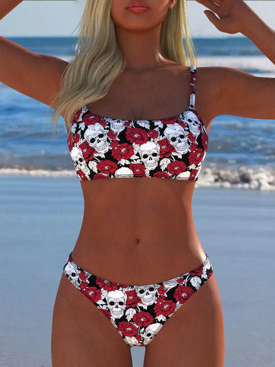 Damen Bikini-Set mit modernem Totenkopf- und Blumenmuster EB