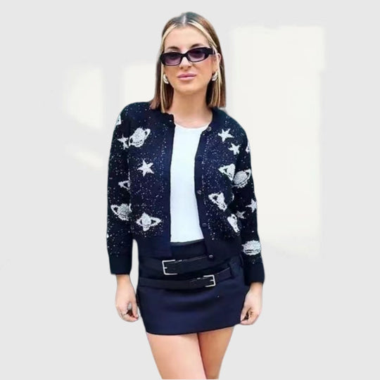 Damen modische Strickjacke mit auffälligem Sternen- und Planetenmotiv EB