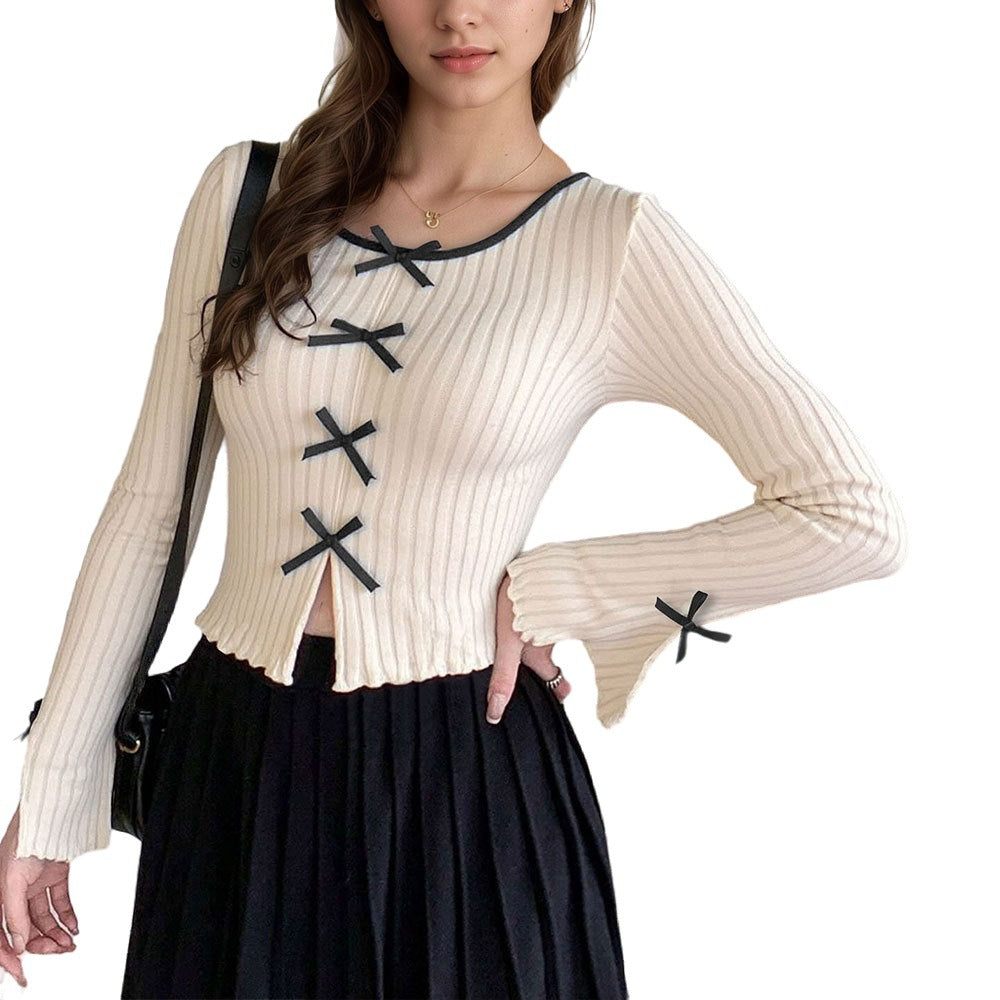 Damen geripptes Cropped-Strickjäckchen mit Zierschleifen, Wellensaum und geschlitzter Vorderpasse Eichborn Berlin