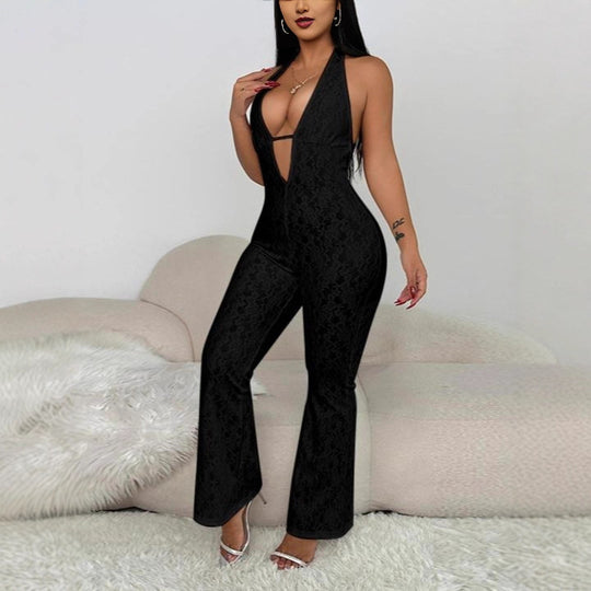 Damen eleganter Jumpsuit mit tiefem V-Ausschnitt und Spitzendetails EB