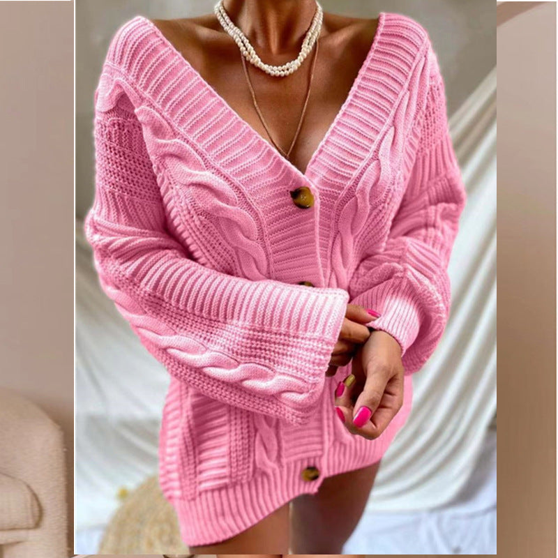 Damen Grobstrick Cardigan mit V-Ausschnitt und Knopfdetails EB