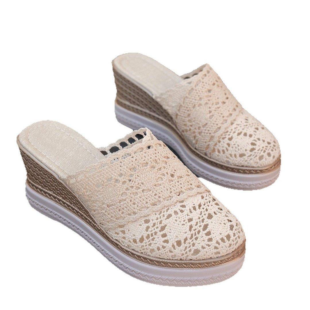 Damen  gehäkelte Plateau-Mules mit Jute-Optik Keilsohle und atmungsaktivem Komfortfutter EB