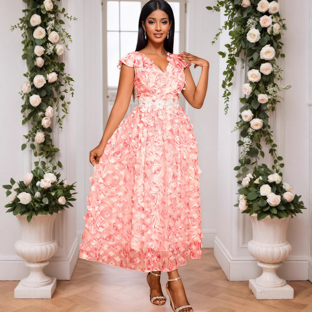 Damen Elegantes Maxikleid mit floralen Rüschen EB