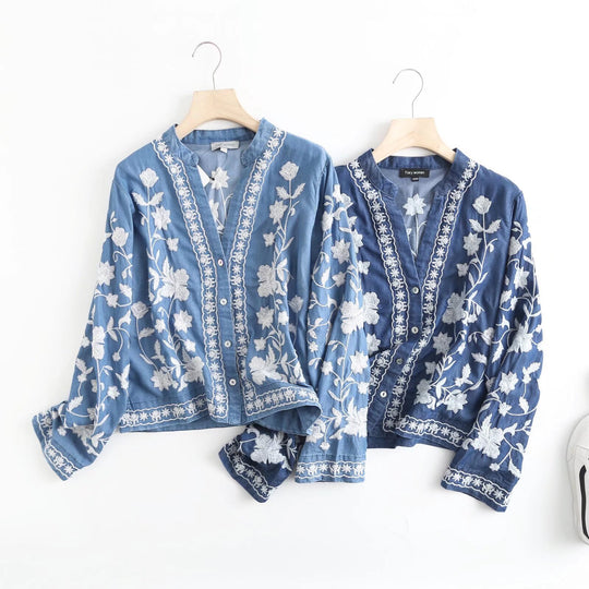 Damen bestickte Bluse im Vintage-Stil mit elegantem Kragen und Druckknopfverschluss EB