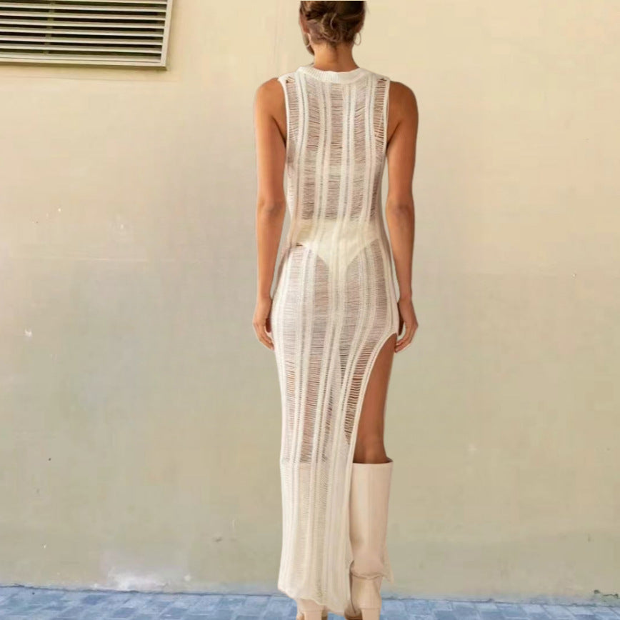 Damen Enges Strickkleid mit transparenten Details EB