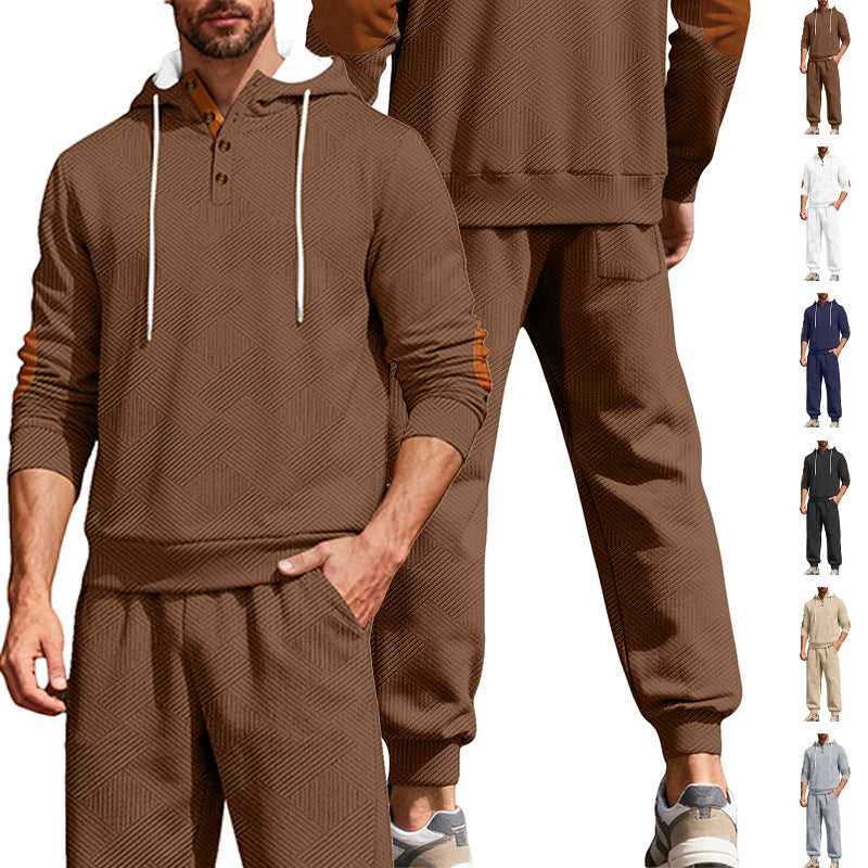 Herren nan strukturiertes Kapuzen-Joggingset mit Henley-Knopfleiste und Kontrast-Ellenbogenpatches EB