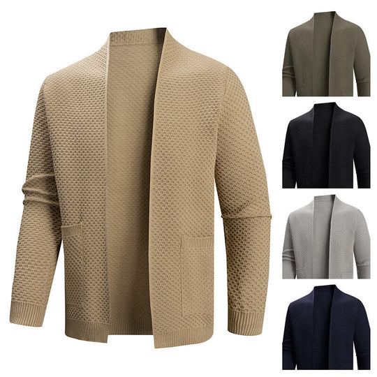 Herren nan offener Waffelstrick-Cardigan mit Schalkragen, aufgesetzten Taschen und gerippten Bündchen EB