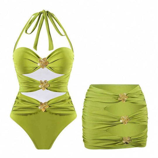 Damen Einteiler Badeanzug mit eleganten Drapierungen und Goldakzenten EB