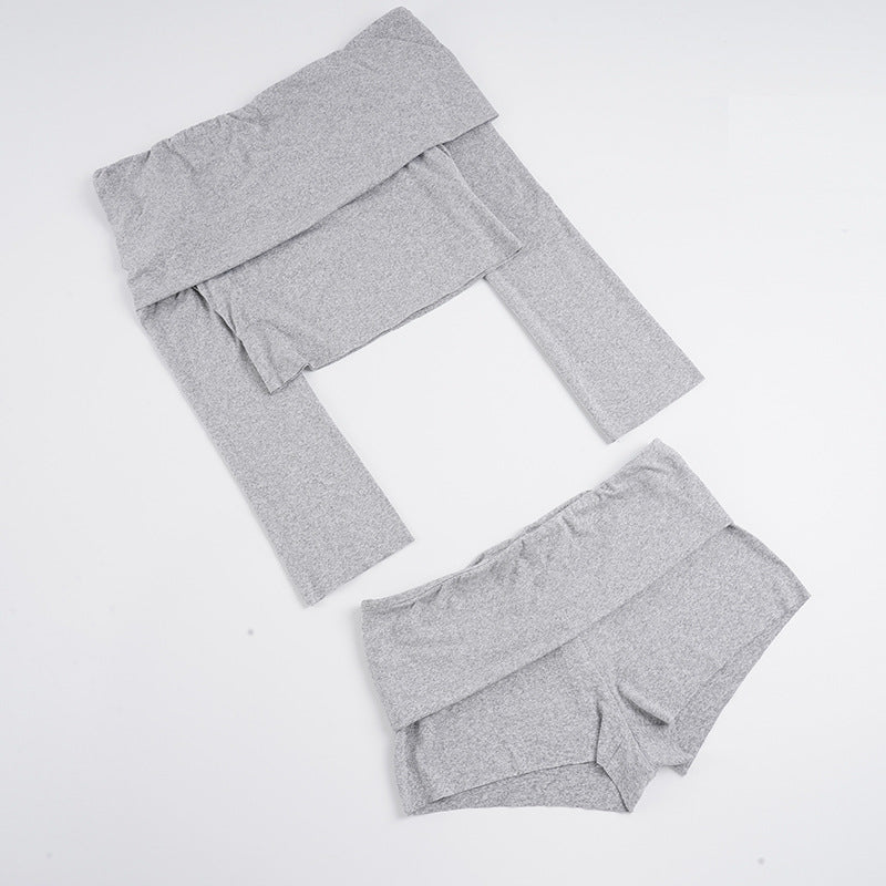 Damen nan Off-Shoulder Lounge-Set mit Langarm-Croptop und Highwaist-Shorts aus Stretchjersey EB