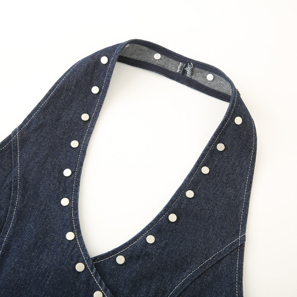 Damen elegante Denim-Weste mit dekorativen Druckknöpfen und lässigem Schnitt EB