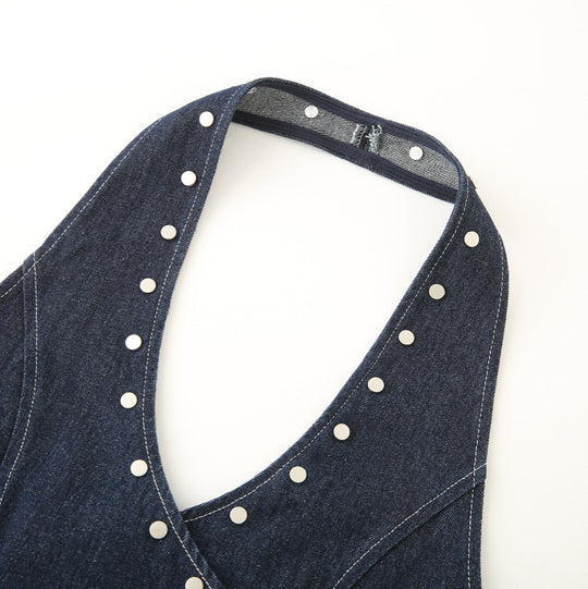 Damen elegante Denim-Weste mit dekorativen Druckknöpfen und lässigem Schnitt EB