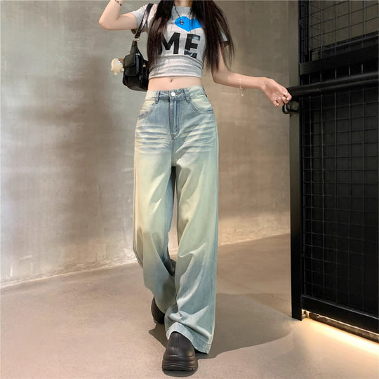 Damen Weite High-Waist Jeans mit modischem Farbverlauf EB