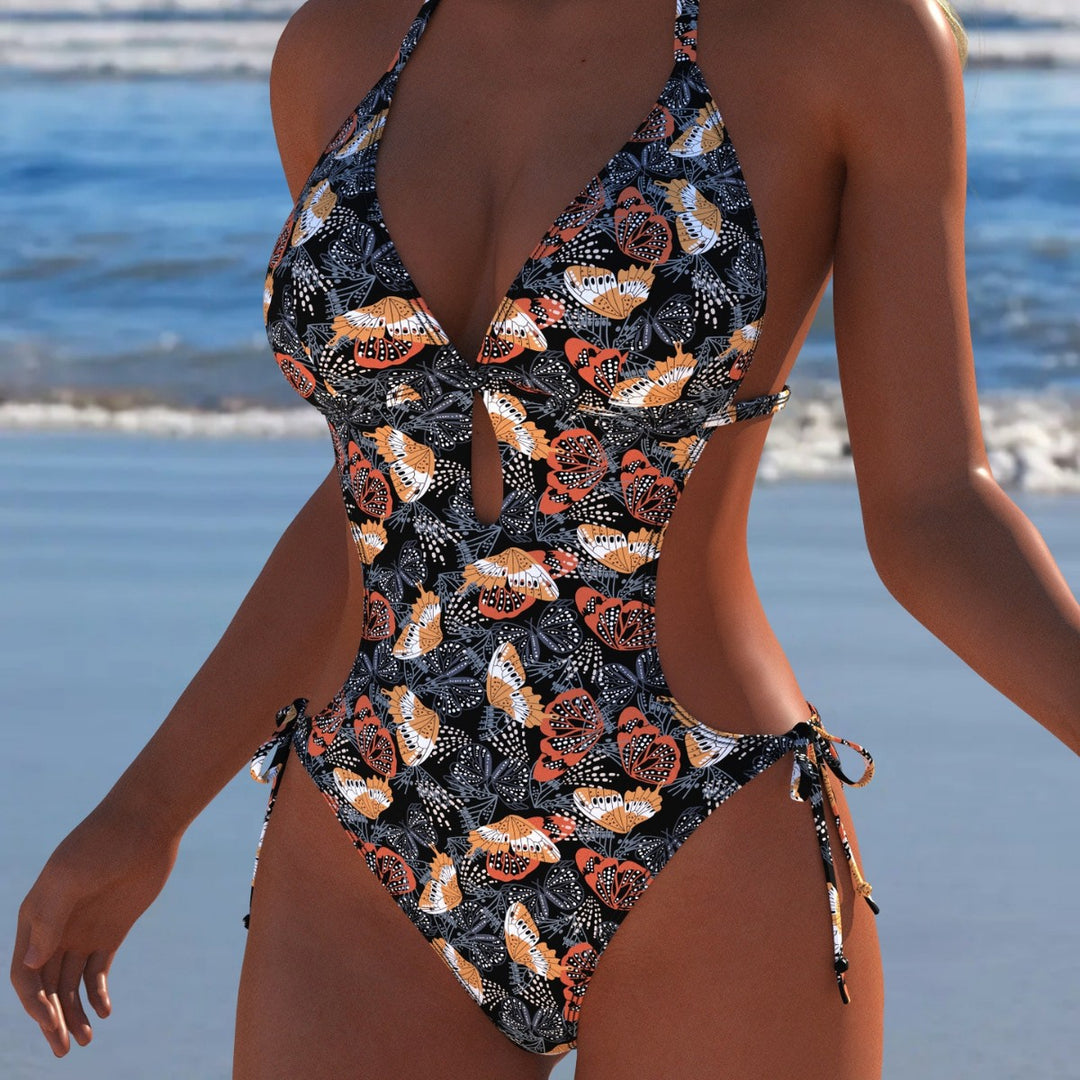 Damen Einteiler Badeanzug mit floralem Cut-Out-Design und verstellbaren Bindebändern EB