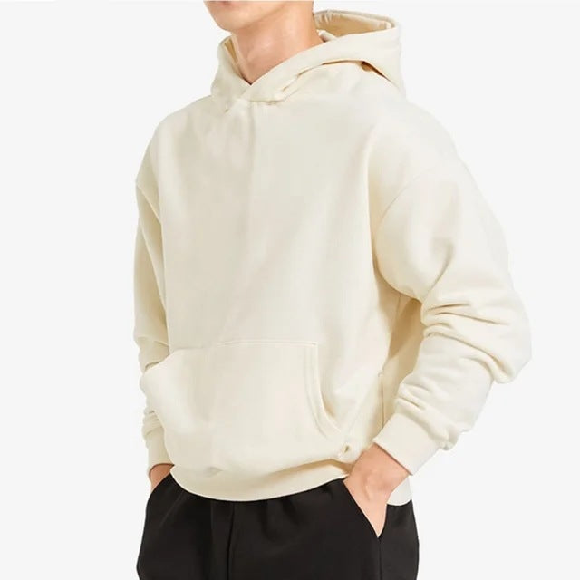 Herren nan schwerer Kapuzenpullover im Boxy-Cut mit Kängurutasche, geripptem Saum und angerauter Innenseite EB
