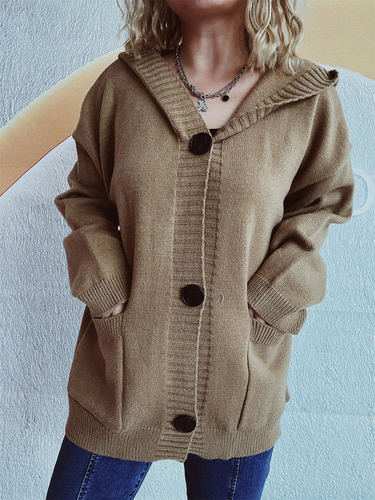Damen bequeme Strickjacke mit Kapuze und praktischen Taschen EB