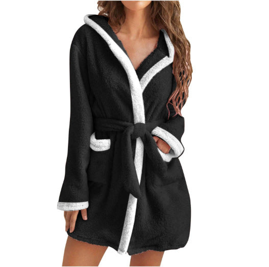 Damen kuscheliger Fleece-Bademantel mit Kapuze und Taschen EB
