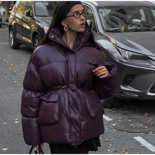 Damen modische oversized Daunenjacke mit Taillengürtel und seitlichen Taschen EB