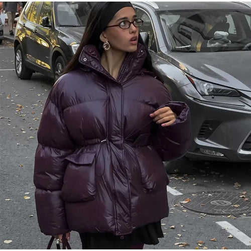 Damen modische oversized Daunenjacke mit Taillengürtel und seitlichen Taschen EB