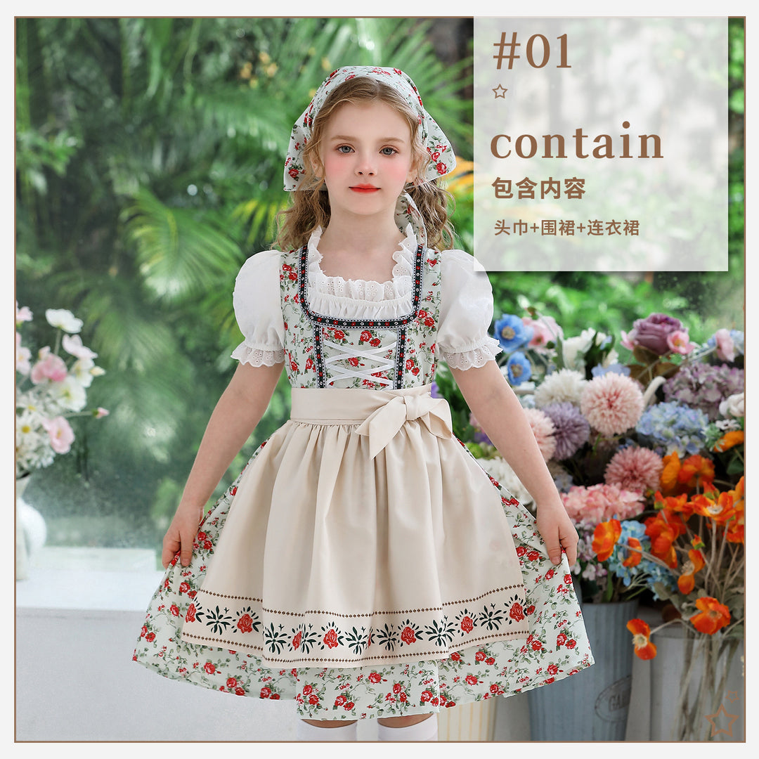 Damen nan traditionelles Dirndlkleid für Mädchen mit bestickter Schürze, Rüschenkragen und passendem Kopftuch EB