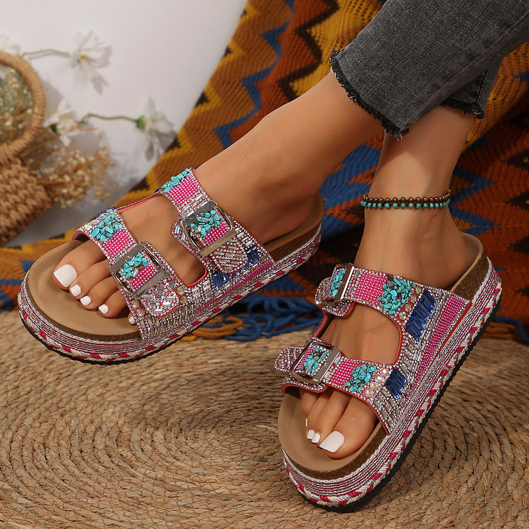 Damen Komfortable Riemchen-Sandalen mit kunstvollen Verzierungen und anpassbarem Riemendesign EB