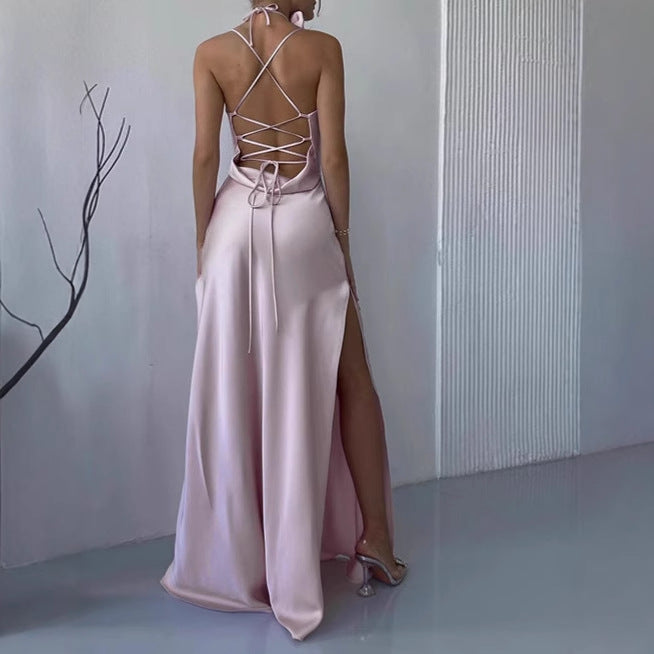 Damen Elegantes Bodenkotan Maxi-Kleid mit schmalen Spaghetti-Trägern und tiefem Ausschnitt EB