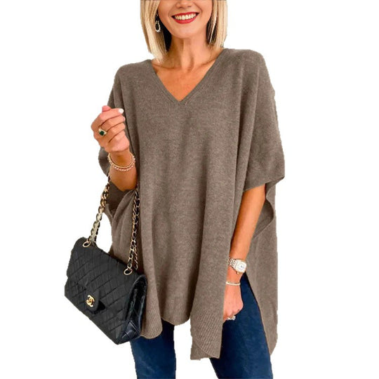 Damen lässiger Strickponcho mit V-Ausschnitt und übergroßem Schnitt EB