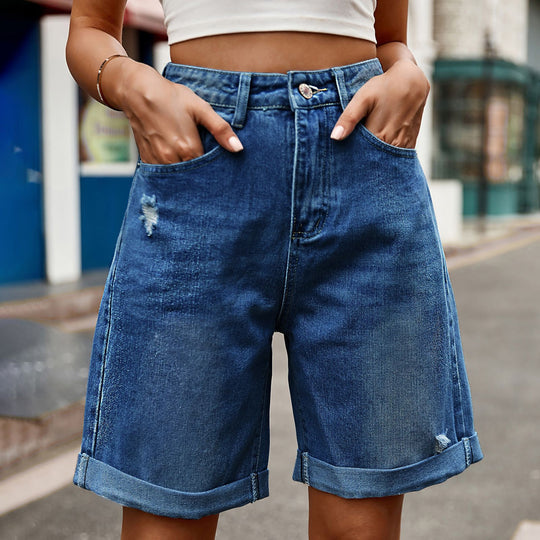 Damen entspannte Denim-Shorts mit umgeschlagenem Saum EB