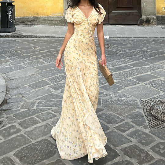 Damen Maxikleid mit romantischem Blumenmuster und verspieltem V-Ausschnitt EB