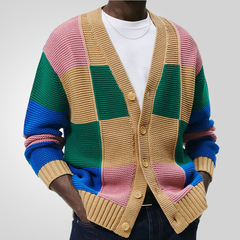 Herren Strickjacke mit buntem Blockmuster und bequemen Knöpfen EB