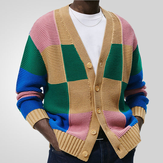 Herren Strickjacke mit buntem Blockmuster und bequemen Knöpfen EB